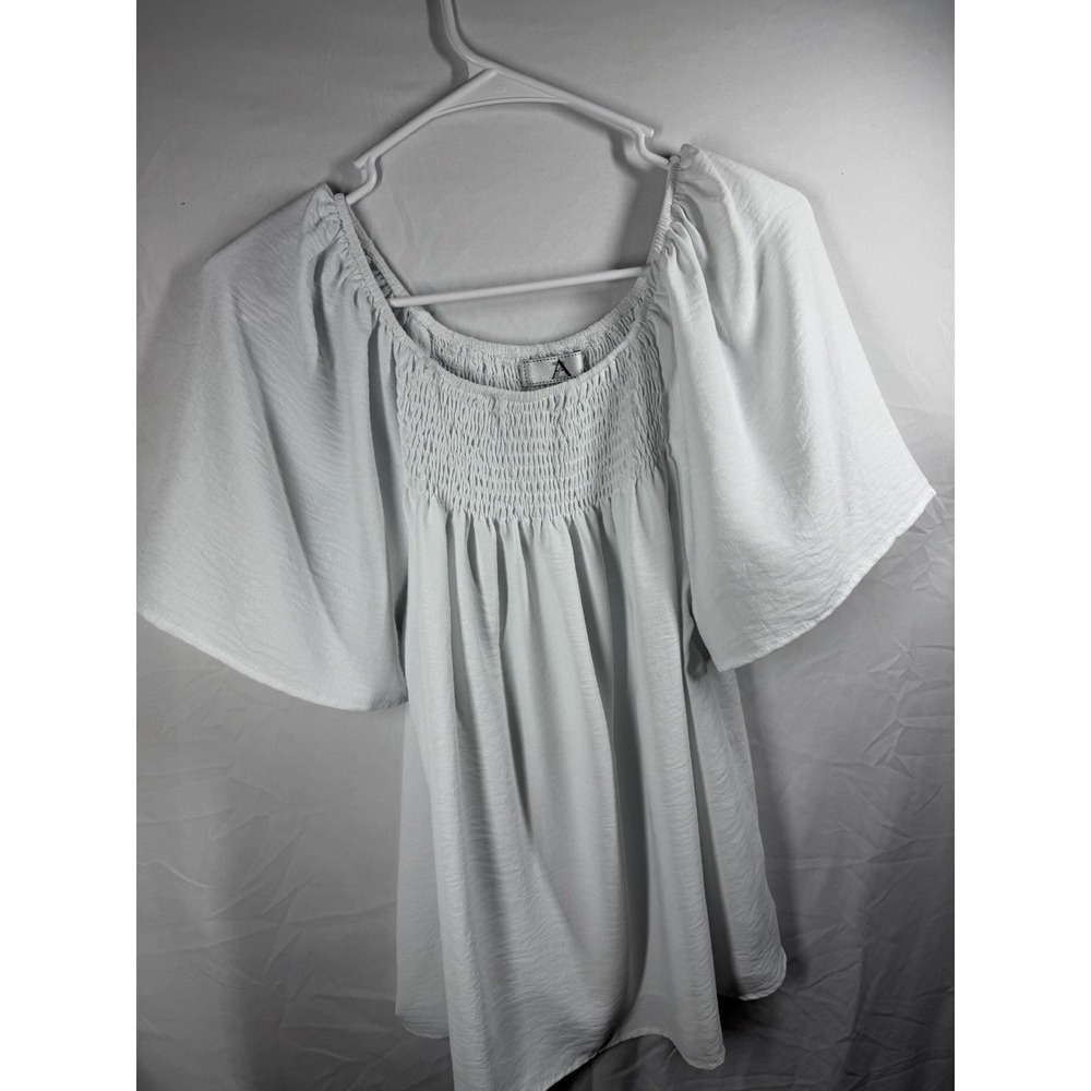 AZBoho White Smocked Peasant Top Flutter Sleeve L/XL Cottagecore Flowy Blouse